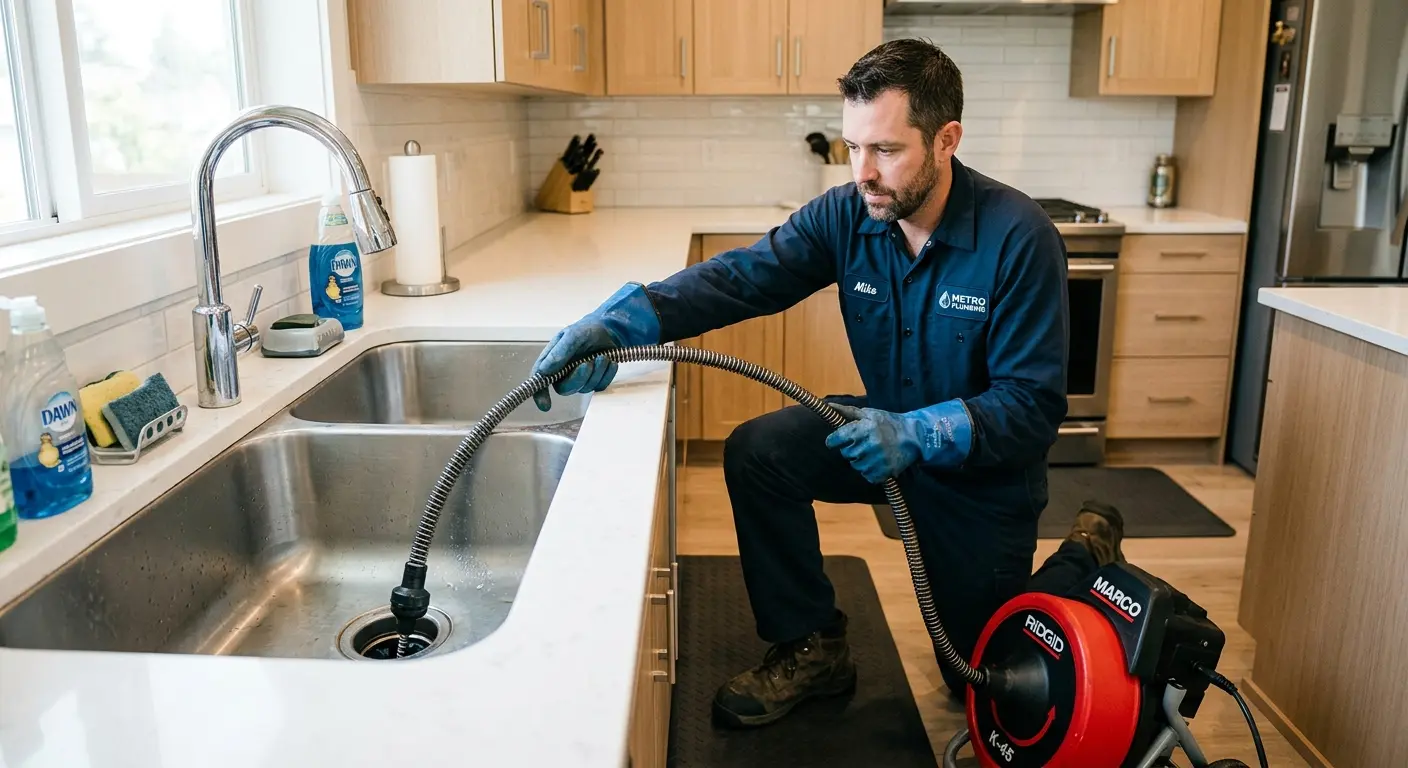 Drain cleaning technician using a motorized snake on a kitchen sink in Ward