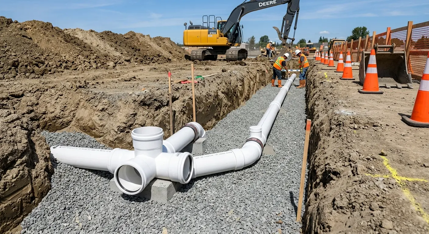 New PVC sewer pipe installation in open trench for Grease Trap Cleaning in Ward