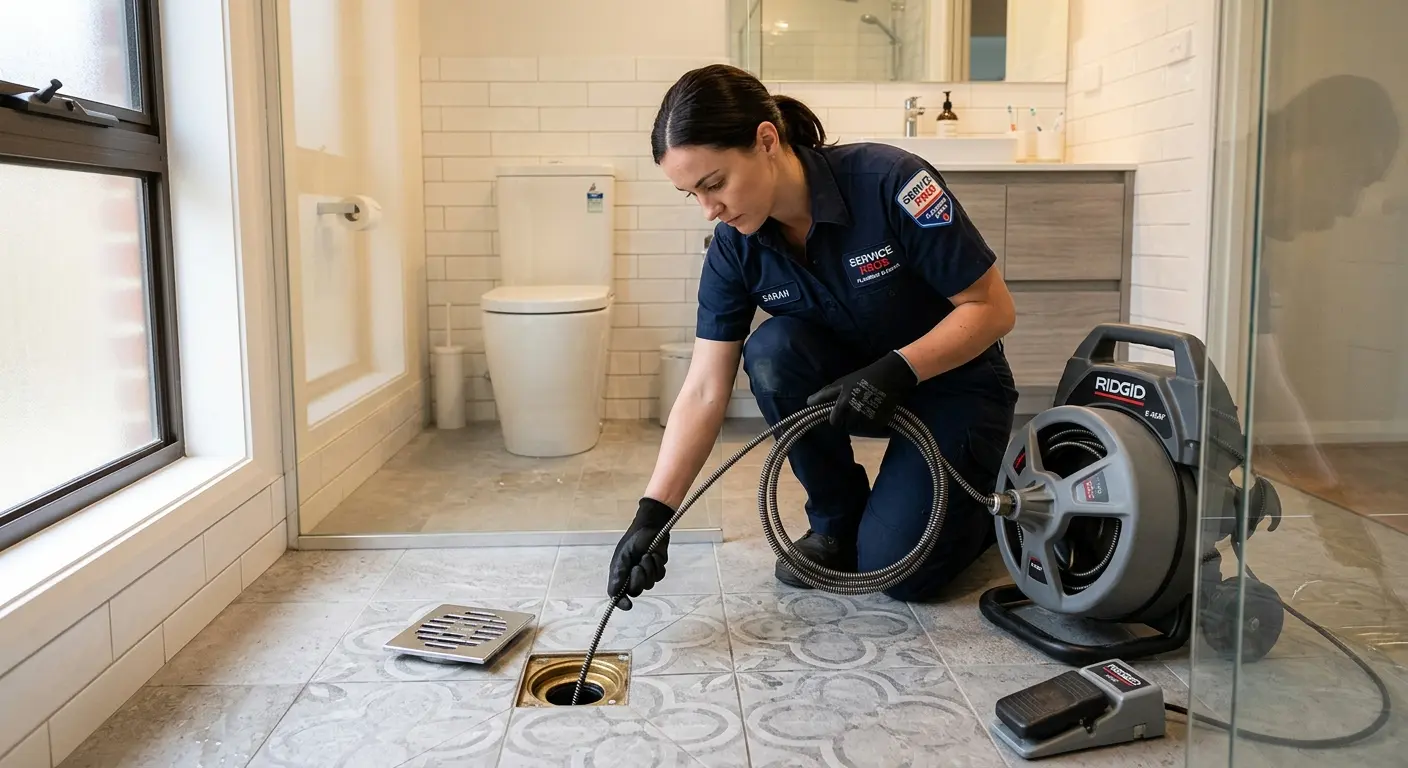 Technician clearing a bathroom floor drain for Drain Repair in Ward